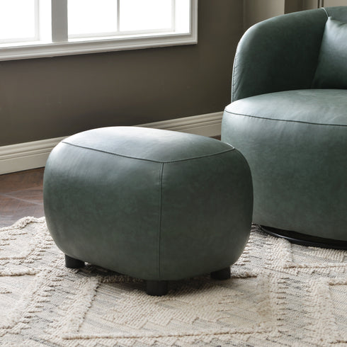 Elmer Faux Leather Ottoman – Round Green Ottoman | Decorative Ottoman | Kinwell Furniture | Modern Faux Leather Furniture